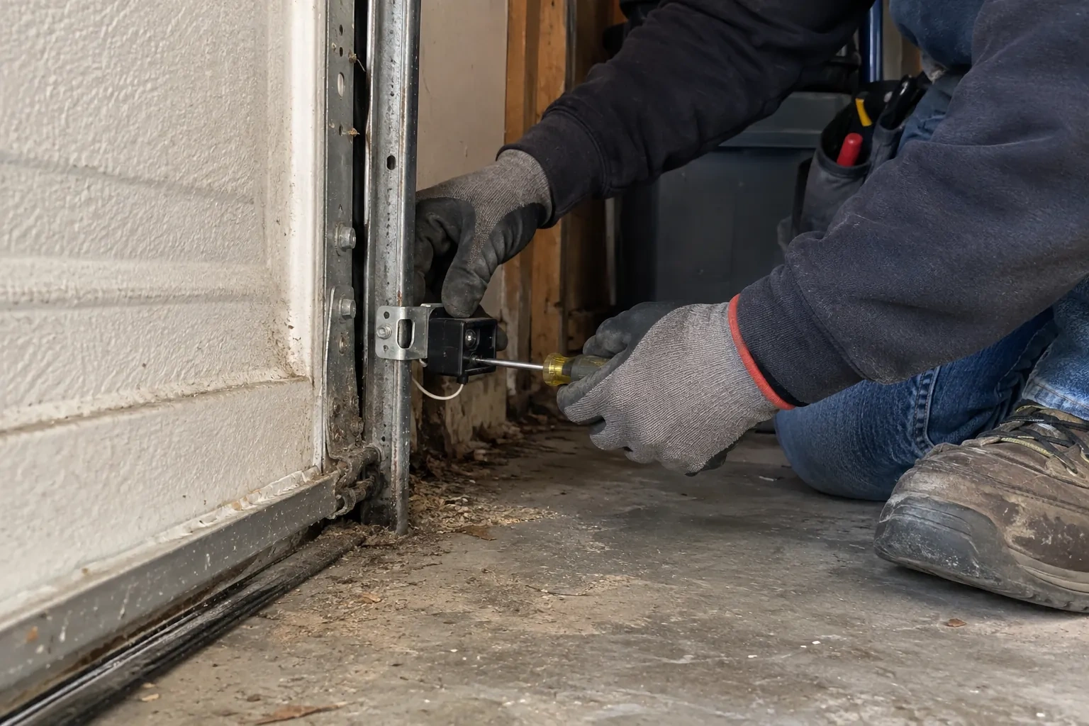 Gloved hands using a yellow-handled screwdriver to fasten a small black sensor to a vertical metal track beside a white door panel. — Photo-Eye Sensor Alignment or Replacement, Toronto