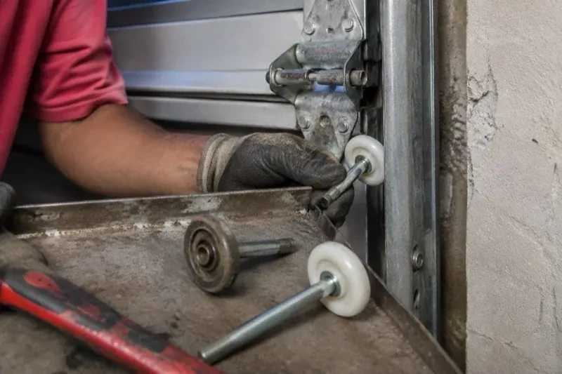 Gloved hand holding a white garage-door roller beside its track, with two loose rollers and a red tool on a tray. — Garage Door Roller Replacement, Toronto